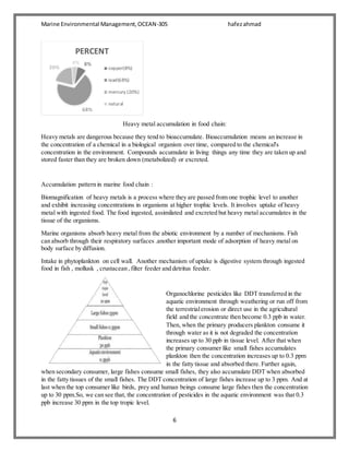 Marine Environmental Management,OCEAN-305 hafezahmad
6
Heavy metal accumulation in food chain:
Heavy metals are dangerous because they tend to bioaccumulate. Bioaccumulation means an increase in
the concentration of a chemical in a biological organism over time, compared to the chemical's
concentration in the environment. Compounds accumulate in living things any time they are taken up and
stored faster than they are broken down (metabolized) or excreted.
Accumulation pattern in marine food chain :
Biomagnification of heavy metals is a process where they are passed from one trophic level to another
and exhibit increasing concentrations in organisms at higher trophic levels. It involves uptake of heavy
metal with ingested food. The food ingested, assimilated and excreted but heavy metal accumulates in the
tissue of the organisms.
Marine organisms absorb heavy metal from the abiotic environment by a number of mechanisms. Fish
can absorb through their respiratory surfaces .another important mode of adsorption of heavy metal on
body surface by diffusion.
Intake in phytoplankton on cell wall. Another mechanism of uptake is digestive system through ingested
food in fish , mollusk , crustacean ,filter feeder and detritus feeder.
Organochlorine pesticides like DDT transferred in the
aquatic environment through weathering or run off from
the terrestrialerosion or direct use in the agricultural
field and the concentrate then become 0.3 ppb in water.
Then, when the primary producers plankton consume it
through water as it is not degraded the concentration
increases up to 30 ppb in tissue level. After that when
the primary consumer like small fishes accumulates
plankton then the concentration increases up to 0.3 ppm
in the fatty tissue and absorbed there. Further again,
when secondary consumer, large fishes consume small fishes, they also accumulate DDT when absorbed
in the fatty tissues of the small fishes. The DDT concentration of large fishes increase up to 3 ppm. And at
last when the top consumer like birds, prey and human beings consume large fishes then the concentration
up to 30 ppm.So, we can see that, the concentration of pesticides in the aquatic environment was that 0.3
ppb increase 30 ppm in the top tropic level.
8%
68%
20%
4%
PERCENT
copper(8%)
lead(68%)
mercury (20%)
natural
 