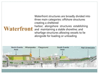 Waterfront
Waterfront structures are broadly divided into
three main categories: offshore structures
creating a sheltered
harbor; alongshore structures establishing
and maintaining a stable shoreline; and
wharfage structures allowing vessels to lie
alongside for loading or unloading
 