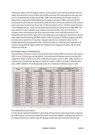 MARINE FISHERIES KARTIK
respectively. Japan is the third largest market in terms of value. Frozen shrimp continued to be the
largest item exported in terms of value with 59.02% and Frozen fish continued to be the major item
in terms of quantity with 35.60% during 2005 -2006. USA continued to be the major market for
Indian frozen shrimp with 31.90% followed by European Union with 27.98%, Japan with 20.25%,
South East Asia with 4.64% etc. During he year 2005-06, frozen shrimp was exported to 62 countries.
China is the main market for our frozen fish. 57.45% accounted to China, 13.65% to South East Asia,
7.31% to Middle East etc. Frozen fish was exported to 63 countries during the year 2000-2006. Our
main market for frozen cuttlefish was European Union with 73.50%, China with 14.45% etc.
European Union continued to be the main market for Indian frozen squid export with 69. 15%
followed by USA with 16.45%, Japan with 5.21%. Dried items were exported to 36 countries and the
major players were Hong Kong (38.98%), China (17.65%), Sri Lanka (14.35%) and Singapore (8.56%).
Live items were exported to 27 countries. Singapore was the main market for Indian live fish
(52.68%) followed by Hong Kong (26.52%), Thailand (14.37%) etc. Chilled fish were exported to 30
countries during 2005-06. Major markets for chilled fish were Singapore (23.26%), UAE (22.72%),
Thailand (15.22%) etc.
4.6. Fisheries sector in national income
The contribution of fisheries sector to the Gross Domestic Product (GDP), rose from Rs. 245 crores in
1970-71 to Rs. 27,026 crores during 2003-04. The contribution of fisheries sector to the total GDP
ranged from 0.62% in 1970-71 to 1.07% in 2003 -04 with a peak, 1.41 % in 1997 -1998. Similarly, its
contribution to the GDP from agriculture varied from 1.46% in 1970-71 to 4.69% in 2003-04 with a
peak, 5.89% in 2002-03. The following table shows the contribution of fisheries sector to GDP.
Fish availability and consumption
In India, the per capita fish availability is about 9 kg, whereas the per capita requirement is about 12
kg. Unlike Indians, who consume relatively less fish, many Asian neighbors make good use of fish as
an important food source. Within India, the Bengalis and Keralites eat much more fish than the
 