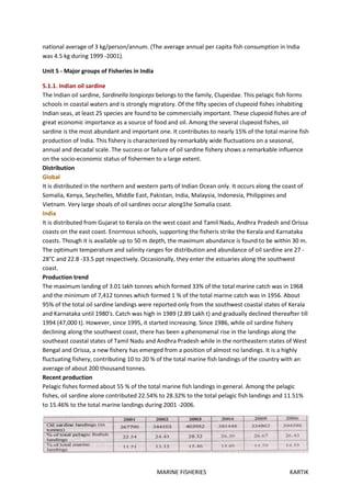 MARINE FISHERIES KARTIK
national average of 3 kg/person/annum. (The average annual per capita fish consumption in India
was 4.5 kg during 1999 -2001).
Unit 5 - Major groups of Fisheries in India
5.1.1. Indian oil sardine
The Indian oil sardine, Sardinella longiceps belongs to the family, Clupeidae. This pelagic fish forms
schools in coastal waters and is strongly migratory. Of the fifty species of clupeoid fishes inhabiting
Indian seas, at least 25 species are found to be commercially important. These clupeoid fishes are of
great economic importance as a source of food and oil. Among the several clupeoid fishes, oil
sardine is the most abundant and important one. It contributes to nearly 15% of the total marine fish
production of India. This fishery is characterized by remarkably wide fluctuations on a seasonal,
annual and decadal scale. The success or failure of oil sardine fishery shows a remarkable influence
on the socio-economic status of fishermen to a large extent.
Distribution
Global
It is distributed in the northern and western parts of Indian Ocean only. It occurs along the coast of
Somalia, Kenya, Seychelles, Middle East, Pakistan, India, Malaysia, Indonesia, Philippines and
Vietnam. Very large shoals of oil sardines occur along1he Somalia coast.
India
It is distributed from Gujarat to Kerala on the west coast and Tamil Nadu, Andhra Pradesh and Orissa
coasts on the east coast. Enormous schools, supporting the fisheris strike the Kerala and Karnataka
coasts. Though it is available up to 50 m depth, the maximum abundance is found to be within 30 m.
The optimum temperature and salinity ranges for distribution and abundance of oil sardine are 27 -
28°C and 22.8 -33.5 ppt respectively. Occasionally, they enter the estuaries along the southwest
coast.
Production trend
The maximum landing of 3.01 lakh tonnes which formed 33% of the total marine catch was in 1968
and the minimum of 7,412 tonnes which formed 1 % of the total marine catch was in 1956. About
95% of the total oil sardine landings were reported only from the southwest coastal states of Kerala
and Karnataka until 1980's. Catch was high in 1989 (2.89 Lakh t) and gradually declined thereafter till
1994 (47,000 t). However, since 1995, it started increasing. Since 1986, while oil sardine fishery
declining along the southwest coast, there has been a phenomenal rise in the landings along the
southeast coastal states of Tamil Nadu and Andhra Pradesh while in the northeastern states of West
Bengal and Orissa, a new fishery has emerged from a position of almost no landings. It is a highly
fluctuating fishery, contributing 10 to 20 % of the total marine fish landings of the country with an
average of about 200 thousand tonnes.
Recent production
Pelagic fishes formed about 55 % of the total marine fish landings in general. Among the pelagic
fishes, oil sardine alone contributed 22.54% to 28.32% to the total pelagic fish landings and 11.51%
to 15.46% to the total marine landings during 2001 -2006.
 