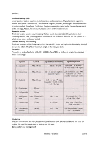 MARINE FISHERIES KARTIK
sardines.
Food and feeding habits
Lesser sardines feed on a variety of phytoplankton and zooplankton. Phytoplanktonic organisms
include Biddulphia, Coscinodiscus, Thallasiothrix, Fragilaria, Nitschia, Pleurosigma and zooplanktonic
organisms include Dinophysis, Peridinium, Caratium, copepods, mysis, Lucifer, larvae of prawns and
crabs, fish eggs, Acetes, fish larvae, crustacean larvae and molluscan larvae.
Spawning season
The lesser sardine species occurring along the two coasts show considerable variation in their
spawning seasons. The, spawning period for individual fish is of short duration, but the species as a
whole breed over a prolonged period.
Growth, maturity and spawning
The lesser sardines exhibit fast growth, short life span (2-3 years) and high natural mortality. Most of
the species attain 70% of their maximum length in the first year itself.
Fecundity
Fecundity of Sardinella albello is 10,000 - 13,000 in fish of 14.6 to 15.5 cm in length; Kowala coval -
about 15,000 eggs.
Marketing
They are consumed in the fresh/frozen/dried/salted-dried form. Smaller sized fishes are used for
making fish meal for preparation of poultry and fish feed.
Conservation and management
 