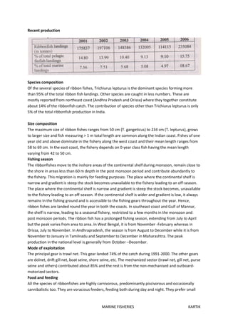 MARINE FISHERIES KARTIK
Recent production
Species composition
Of the several species of ribbon fishes, Trichiurus lepturus is the dominant species forming more
than 95% of the total ribbon fish landings. Other species are caught in less numbers. These are
mostly reported from northeast coast (Andhra Pradesh and Orissa) where they together constitute
about 14% of the ribbonfish catch. The contribution of species other than Trichiurus lepturus is only
5% of the total ribbonfish production in India.
Size composition
The maximum size of ribbon fishes ranges from 50 cm (T. gangeticus) to 234 cm (T. lepturus), grows
to larger size and fish measuring > 1 m total length are common along the Indian coast. Fishes of one
year old and above dominate in the fishery along the west coast and their mean length ranges from
58 to 69 cm. In the east coast, the fishery depends on 0-year class fish having the mean length
varying from 42 to 50 cm.
Fishing season
The ribbonfishes move to the inshore areas of the continental shelf during monsoon, remain close to
the shore in areas less than 60 m depth in the post monsoon period and contribute abundantly to
the fishery. This migration is mainly for feeding purposes. The place where the continental shelf is
narrow and gradient is steep the stock becomes unavailable to the fishery leading to an off-season.
The place where the continental shelf is narrow and gradient is steep the stock becomes, unavailable
to the fishery leading to an off-season. If the continental shelf is wider and gradient is low, it always
remains in the fishing ground and is accessible to the fishing gears throughout the year. Hence,
ribbon fishes are landed round the year in both the coasts. In southeast coast and Gulf of Mannar,
the shelf is narrow, leading to a seasonal fishery, restricted to a few months in the monsoon and
post monsoon periods. The ribbon fish has a prolonged fishing season, extending from July to April
but the peak varies from area to area. In West Bengal, it is from November -February whereas in
Orissa, July to November. In Andhrapradesh, the season is from August to December while it is from
November to January in Tamilnadu and September to December in Maharashtra. The peak
production in the national level is generally from October –December.
Mode of exploitation
The principal gear is trawl net. This gear landed 74% of the catch during 1991-2000. The other gears
are dolnet, drift gill net, boat seine, shore seine, etc. The mechanized sector (trawl net, gill net, purse
seine and others) contributed about 85% and the rest is from the non-mechanised and outboard-
motorized sectors.
Food and feeding
All the species of ribbonfishes are highly carnivorous, predominantly piscivorous and occasionally
cannibalistic too. They are voracious feeders, feeding both during day and night. They prefer small
 