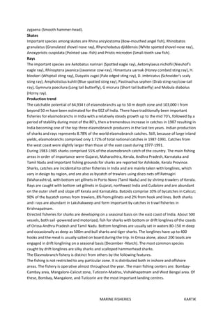 MARINE FISHERIES KARTIK
zygaena (Smooth hammer-head).
Skates
Important species among skates are Rhina ancylostoma (Bow-mouthed angel fish), Rhinobatos
granulatus (Granulated shovel-nose ray), Rhynchobatus djiddensis (White spotted shovel-nose ray),
Anoxypristis cuspidata (Pointed saw- fish) and Pristis microdon (Small-tooth saw fish).
Rays
The important species are Aetobatus narinari (Spotted eagle ray), Aetomylaeus nichofii (Nieuhof's
eagle ray), Rhinoptera javanica (Javanese cow-ray), Himantura uarnak (Honey combed sting ray), H.
bleekeri (Whiptail sting ray), Dasyatis zugei (Pale edged sting ray), D. imbricatus (Schneider's scaly
sting ray), Amphotistius kuhlii (Blue spotted sting ray), Pastinachus sephen (Drab sting ray/cow-tail
ray), Gymnura poecilura (Long tail butterfly), G micrura (Short tail butterfly) and Mobula diabolus
(Horny ray).
Production trend
The catchable potential of 64,934 t of elasmobranchs up to 50 m depth zone and 103,000 t from
beyond 50 m have been estimated for the EEZ of India. There have traditionally been important
fisheries for elasmobranchs in India with a relatively steady growth up to the mid 70's, followed by a
period of stability during most of the 80’s, then a tremendous increase in catches in 1987 resulting in
India becoming one of the top three elasmobranch producers in the last ten years. Indian production
of sharks and rays represents 8.78% of the world elasmobranch catches. Still, because of large inland
yields, elasmobranchs comprised only 1.72% of total national catches in 1987-1991. Catches from
the west coast were slightly larger than those of the east coast during 1977-1991.
During 1983-1985 sharks comprised 55% of the elasmobranch catch of the country. The main fishing
areas in order of importance were Gujarat, Maharashtra, Kerala, Andhra Pradesh, Karnataka and
Tamil Nadu and important fishing grounds for sharks are reported for Ashikode, Kerala Province.
Sharks, catches are incidental to other fisheries in India and are mainly taken with longlines, which
vary in design by region, and are also as bycatch of trawlers using disco nets off Ratnagiri
(Maharashtra), with bottom set gillnets in Porto Novo (Tamil Nadu) and by shrimp trawlers of Kerala.
Rays are caught with bottom set gillnets in Gujarat, northwest India and Cudalore and are abundant
on the outer shelf and slope off Kerala and Karnatakta. Batoids comprise 10% of bycatches in Calicut;
90% of the bycatch comes from trawlers, 8% from gillnets and 2% from hook and lines. Both sharks
and- rays are abundant in Lakshakweep and form important by catches in trawl fisheries in
Krishnapatnam.
Directed fisheries for sharks are developing on a seasonal basis on the east coast of India. About 500
vessels, both sail -powered and motorized, fish for sharks with bottom or drift longlines of the coasts
of Orissa Andhra Pradesh and Tamil Nadu. Bottom longlines are usually set in waters 80-150 m deep
and occasionally as deep as 500m and bull sharks and tiger sharks. The longlines have up to 400
hooks and the meat is usually salted on board during the trip. In Orissa alone, about 200 boats are
engaged in drift longlining on a seasonal basis (December -March). The most common species
caught by drift longlines are silky sharks and scalloped hammerhead sharks.
The Elasmobranch fishery is distinct from others by the following features.
The fishing is not restricted to any particular zone. It is distributed both in inshore and offshore
areas. The fishery is operative almost throughout the year. The main fishing centers are: Bombay-
Cambay area, Mangalore-Calicut zone, Tuticorin-Madras, Vishakhapatnam and West Bengal area. Of
these, Bombay, Mangalore, and Tuticorin are the most important landing centres.
 