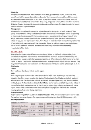 MARINE FISHERIES KARTIK
Marketing
The products exported from India are frozen shark meat, gutted finless sharks, shark tails, dried
shark fins, shark fin rays, and shark bones. Export of shark products increased from 386 tonnes to
1,508 tonnes and the value from Rs. 9.5 to Rs. 35.49 crores during 1996-97 to 2000-01. Shark fins
and fin rays are traditionally consumed in Hong Kong, Singapore, Taiwan, China and other countries.
Sri Lanka, Taiwan, Korea and Singapore import shark meat from India. The biggest market for shark -
liver oil and skin is Japan and Nepal.
Management
Many species of sharks and rays use the bays and estuaries, as nursery for early growth of their
young ones and hence fishing has to be regulated in these areas. Since the peak period of spawning
in elasmobranchs coincides with the monsoon season, a restriction on trawling during such times
would prevent recruitment overfishing and growth overfishing. Some species of elasmobranchs
school by age, sex and reproductive state. They should be protected from intense fishing. As the rate
of reproduction in rays is extremely low, precaution should be taken to prevent over exploitation.
Whale sharks are few in numbers. Hence the ban on fishing should be continued to help
resuscitation of the stock.
5.3.2. Silverbelly
Silverbelly also known as pony fishes and slip mouths belong to the family Leiognathidae. They
constitute an important component of demersal fisheries resources. 21 species of silverbelly are
available in the seas around India. Species composition of different species of silverbelly varies from
region to region. They inhabit shallow coastal waters, moving in shoals mostly near the bottom. They
may enter the estuaries and backwaters and their seaward distribution is only upto a depth of 30 m.
Distribution
Global
They are found distributed in Indo-pacific region.
India
They are principally shallow water fishes distributed in the 0 - 40m depth range and enter the
estuaries also. They have a peculiar distribution. The landings in Tamil Nadu, particularly southern
areas account for 70% of the total national production, followed by Kerala (9.4%), Andhra Pradesh
(7.4%), Gujarat (4.4%) and other states. In Tamil Nadu, Gulf of Mannar and Palk Bay are the richest in
terms of silver belly species diversity; all the 21 species known from India are available only in this
region. These fishes undertake diurnal vertical migration staying at the bottom at day time and
moving upto surface water during night time.
Production trend
Its production ranged from 15,000 t in 1961 to 49,000 t in 2000. The annual production shows wide
fluctuations with several peaks. The maximum annual landing was about 92,000 tonnes in 1983.
Recent production
 