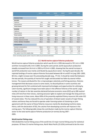 MARINE FISHERIES KARTIK
2.2. World marine capture fisheries production
World marine capture fisheries production which was 85 mt in 1995 decreased to 79.5 mt in 1998
and then increased to 84.2 mt in 2005. During the same period, world aquaculture production
steadily increased from 24.4 mt in 1995 to 47.8 mt in 2005, showing that the overall increase in
world fish production was mainly contributed by aquaculture sector. During the past decade, the
reported landings of marine capture fisheries fluctuated between 80 mt and 87 mt (avg 1993 -2003,
84 mt), a slight increase over the preceeding decade (avg., 77 mt). It should be noted that between
the two periods, the quantity of marine fish caught and discarded has fallen by several million
tonnes. The reasons attributed for this is improved gear selectivity and fishing practices, fisheries
management that decreases access to some stocks, no discard policies in some countries and
growing demand for fish combined with improved technologies and opportunities for utilizing by
catch recently, significant changes have taken place in the offshore fisheries of the world. Large
number of nations in the late seventies declared Exclusive economic zones (EEZ) up to 200 nautical
miles (372 km) from their shores, claiming exclusive rights to exploit and manage the living and non-
living resources in these zones. About 90% of the presently exploited fishery resources fall under EEZ
of coastal states. This has reduced the area of operation of distant water vessels of major fishing
nations and hence they are forced to operate under licensing system of chartering or joint
agreement with the owner of these fisheries resources mainly the developing maritime states.
Hence, with the declaration of EEZ, the catches from developing countries will improve in the
coming years. The following table shows the contribution made by the marine capture fisheries
sector to the total world capture fisheries production (in tonnes) during 1997 -
2005.
World marine Fishing areas
FAO divided the marine fishing areas of the world into 15 major marine fishing areas for statistical
purposes. Of these 15 marine fishing areas, North West Pacific (25.S2%) continued to be the most
 