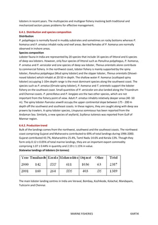 MARINE FISHERIES KARTIK
lobsters in recent years. The multispecies and multigear fishery involving both traditional and
mechanized sectors poses problems for effective management.
6.4.1. Distribution and species composition
Distribution
P. polyphagus is normally found in muddy substrates and sometimes on rocky bottoms whereas P.
homarus and P. ornatus inhabit rocky and reef areas. Berried females of P. homarus are normally
observed in inshore areas.
Species composition
Lobster fauna in India are represented by 20 species that include 14 species of littoral and 6 species
of deep sea lobsters. However, only four species of littoral such as Panulirus polyphagus, P. homarus,
P. ornatus and P. versicolor and one species of deep sea lobster, Thenus orientalis alone contribute
to commercial fishery. In the northwest coast, lobster fishery is mainly supported by the spiny
lobster, Panulirus polyphagus (Mud spiny lobster) and the slipper lobster, Thenus orientalis (Shovel-
nosed lobster) which inhabit at 20-50 m depth. The shallow water P. homarus (scalloped spiny
lobster) occupying 1-10m depth range is the most dominant species along the southwest coast. The
species such as P. ornatus (Ornate spiny lobster), P. homarus and T. orientalis support the lobster
fishery on the southeast coast. Small quantities of P. versicolor are also landed along the Trivandrum
and Chennai coasts. P. penicillatus and P. longipes are the two other species, which are not
important from the fishery point of view. Adult P. ornatus inhabits relatively deeper areas (40 -50
m). The spiny lobster Puerulus sewelli occupy the upper continental slope between 175 - 200 m
depth off the southwest and southeast coasts. In these regions, they are caught along with deep sea
prawns by trawlers. A spiny lobster species, Linupurus somniosus has been reported from the
Andaman Sea. Similarly, a new species of seyllarid, Scyllarus tutiensis was reported from Gulf of
Mannar region.
6.4.2. Production trend
Bulk of the landings comes from the northwest, southwest and the southeast coasts. The northwest
coast comprising Gujarat and Maharastra contributed to 69% of total landings during 1996-2000.
Gujarat contributed 43.7%, Maharashtra 25.4%, Tamil Nadu 14.6% and Kerala 13%. Though they
form only 0.12 ± 0.05% of total marine landings, they are an important export commodity
comprising 1.07 ± 0.44% in quantity and 2.59 ± 1.15% in value.
Statewise landings of lobsters (in tonnes)
The main lobster landing centres in India are Veraval, Bombay, Kozhikode, Kolachal, Mandapam,
Tuticorin and Chennai.
 