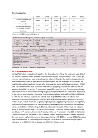 MARINE FISHERIES KARTIK
Recent production
6.4.3. Mode of exploitation
Mostly (75%) lobster is caught as bycatch by the shrimp trawlers. Along the northwest coast 95% of
the lobsters; appear in trawls, whereas on the southwest coast, indigenous gears such as traps, gill
nets and trammel nets are used for shallow water lobster fishing. On the southeast coast, lobsters
appear both in the trawls as well as in the indigenous gears. On the northwest coast, lobsters are
caught incidentally in trawl nets operating for shrimps at Veraval. P. polyphagus constitutes 45% of
total catch and the rest is by T. orientalis. In Mumbai, P. polyphagus constituted 54% and the rest
was contributed by T. orientalis. P. polyphagus is available round the year. On the southwest coast,
lobsters are fished in almost all the fishing villages starting from Kollam to Kanyakumari. Nearly 90%
of the catch is constituted by P. homarus; Total landings gradually declined from 301 t in 1966 to 8 t
in 1995-96. The fishery is seasonal and extends from August to May with peak catches from
November to January. Fishing season coincides with peak breeding season (November-December)
and the major portion of females caught during this period is egg bearing. Increase in fishing effort,
exploitation of juvenile lobsters by trammel net and heavy exploitation of ovigerous females have
led to overall decline in the landings. In Chennai, lobsters are landed both by trawls and artisanal
gears. 92% of the small trawlers catch was constituted by T. orientalis. 68% of the gillnet catch was
constituted by P. homarus, followed by P. ornatus (18%) and P. versicolor( 13%). 50% of the lobsters
caught in trammel net are below 55 mm (Carapace Length). The spiny lobster, P. sewelli is the only
deep sea species exploited for commercial purpose. During 1998-2000, an average 524 t of deep sea
lobsters were landed at Cochin and Sakthikulangara. The maximum sustainable yield (MSY) was
estimated to be 8000 t for the west coast and 1200 t for the east coast.
 