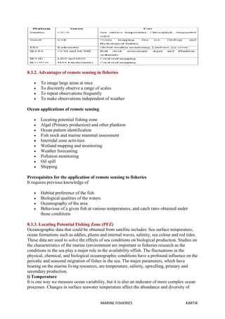 MARINE FISHERIES KARTIK
8.3.2. Advantages of remote sensing in fisheries
 To image large areas at once
 To discreetly observe a range of scales
 To repeat observations frequently
 To make observations independent of weather
Ocean applications of remote sensing
 Locating potential fishing zone
 Algal (Primary production) and other plankton
 Ocean pattern identification
 Fish stock and marine mammal assessment
 Intertidal zone activities
 Wetland mapping and monitoring
 Weather forecasting
 Pollution monitoring
 Oil spill
 Shipping
Prerequisites for the application of remote sensing to fisheries
It requires previous knowledge of
 Habitat preference of the fish
 Biological qualities of the waters
 Oceanography of the area
 Behaviour of a given fish at various temperatures, and catch rates obtained under
those conditions
8.3.3. Locating Potential Fishing Zone (PFZ)
Oceanographic data that could be obtained from satellite includes: Sea surface temperature,
ocean formations such as eddies, plums and internal waves, salinity, sea colour and red tides.
These data are used to solve the effects of sea conditions on biological production. Studies on
the characteristics of the marine (environment are important in fisheries research as the
conditions in the sea play a major role in the availability offish. The fluctuations in the
physical, chemical, and biological oceanographic conditions have a profound influence on the
periodic and seasonal migration of fishes in the sea. The major parameters, which have
bearing on the marine living resources, are temperature, salinity, upwelling, primary and
secondary production.
i) Temperature
It is one way we measure ocean variability, but it is also an indicator of more complex ocean
processes. Changes in surface seawater temperature affect the abundance and diversity of
 