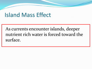 Island Mass Effect
As currents encounter islands, deeper
nutrient rich water is forced toward the
surface.
 