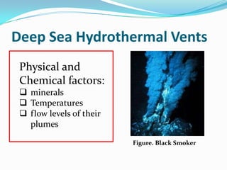 Deep Sea Hydrothermal Vents
Figure. Black Smoker
Physical and
Chemical factors:
 minerals
 Temperatures
 flow levels of their
plumes
 