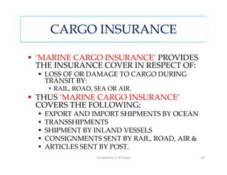 CARGO INSURANCE

‘MARINE CARGO INSURANCE’ PROVIDES
THE INSURANCE COVER IN RESPECT OF:
 LOSS OF OR DAMAGE TO CARGO DURING
 TRANSIT BY:
   RAIL, ROAD, SEA OR AIR.
THUS ‘MARINE CARGO INSURANCE’
COVERS THE FOLLOWING:
 EXPORT AND IMPORT SHIPMENTS BY OCEAN
 TRANSSHIPMENTS
 SHIPMENT BY INLAND VESSELS
 CONSIGNMENTS SENT BY RAIL, ROAD, AIR &
 ARTICLES SENT BY POST.
               Compiled by S. M.Gupta     20
 