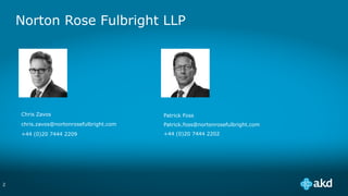 Norton Rose Fulbright LLP
Chris Zavos
chris.zavos@nortonrosefulbright.com
+44 (0)20 7444 2209
2
Patrick Foss
Patrick.foss@nortonrosefulbright.com
+44 (0)20 7444 2202
 