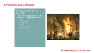 3. Warranties and Conditions
21
Terms which “define the risk
as a whole”
• Terms defining the nature of the
business or geographical limits
• class?
• navigation limits?
• towage?
• sanctions clauses?
• condition surveys?
 