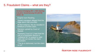 5. Fraudulent Claims – what are they?
28
Versloot Dredging BV v HDI Gerling
Industrie Versicherung AG [2016]
UKSC 45
• Engine room flooding.
• Vessel managers alleged that the
bilge alarm had sounded.
• At first instance, this lie resulted in
forfeiture of entire claim.
• Decision upheld by Court of
Appeal.
• Supreme Court (4:1) held that the
use of a fraudulent device or
“collateral lie” to support a valid
claim did not render the claim
fraudulent.
• “The lie is dishonest, but the claim
is not”.
 