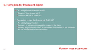 6. Remedies for fraudulent claims
29
• Old law position was uncertain
– Breach of duty of good faith?
– Common law rule of forfeiture?
• Remedies under the Insurance Act 2015
– No liability to pay the claim
– Recovery of sums previously paid in respect of the claim
– Insurers may treat the contract as terminated from the time of the fraudulent
act (no requirement to return premium)
 