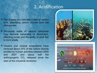 2. Acidification
 The oceans are normally a natural carbon
sink, absorbing carbon dioxide from the
atmosphere.
 Structures made of calcium carbonate
may become vulnerable to dissolution,
affecting corals and the ability of shell fish
to form shells.
 Oceans and coastal ecosystems have
removed about 25% of the carbon dioxide
emitted by human activities between 2000
and 2007 and about half the
anthropogenic CO2 released since the
start of the industrial revolution
12
 