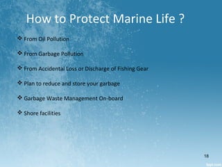 How to Protect Marine Life ?
 From Oil Pollution
 From Garbage Pollution
 From Accidental Loss or Discharge of Fishing Gear
 Plan to reduce and store your garbage
 Garbage Waste Management On-board
 Shore facilities
18
 