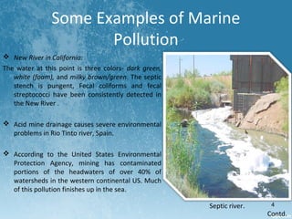 Some Examples of Marine
Pollution
Contd.
 New River in California:
The water at this point is three colors- dark green,
white (foam), and milky brown/green. The septic
stench is pungent, Fecal coliforms and fecal
streptococci have been consistently detected in
the New River .
 Acid mine drainage causes severe environmental
problems in Rio Tinto river, Spain.
 According to the United States Environmental
Protection Agency, mining has contaminated
portions of the headwaters of over 40% of
watersheds in the western continental US. Much
of this pollution finishes up in the sea.
Septic river. 4
 