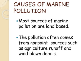 CAUSES OF MARINE
POLLUTION
Most sources of marine
pollution are land based.
The pollution often comes
from nonpoint sources such
as agriculture runoff and
wind blown debris.
 