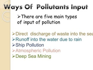 There are five main types
of input of pollution
Direct discharge of waste into the sea
Runoff into the water due to rain
Ship Pollution
Atmospheric Pollution
Deep Sea Mining
 