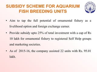 SUBSIDY SCHEME FOR AQUARIUM
FISH BREEDING UNITS
• Aim to tap the full potential of ornamental fishery as a
livelihood option and foreign exchange earner.
• Provide subsidy upto 25% of total investment with a cap of Rs
10 lakh for ornamental fishery to registered Self Help groups
and marketing societies.
• As of 2015-16, the company assisted 22 units with Rs. 95.01
lakh.
 