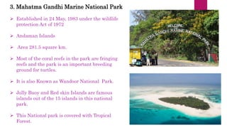 3. Mahatma Gandhi Marine National Park
 Established in 24 May, 1983 under the wildlife
protection Act of 1972
 Andaman Islands
 Area 281.5 square km.
 Most of the coral reefs in the park are fringing
reefs and the park is an important breeding
ground for turtles.
 It is also Known as Wandoor National Park.
 Jolly Buoy and Red skin Islands are famous
islands out of the 15 islands in this national
park.
 This National park is covered with Tropical
Forest.
 