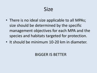 Size 
• There is no ideal size applicable to all MPAs; 
size should be determined by the specific 
management objectives for each MPA and the 
species and habitats targeted for protection. 
• It should be minimum 10-20 km in diameter. 
BIGGER IS BETTER 
 
