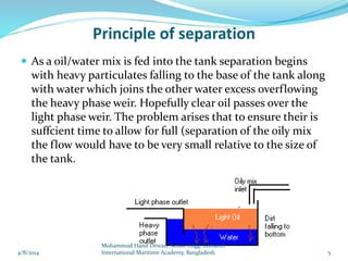 Principle of separation
 As a oil/water mix is fed into the tank separation begins
with heavy particulates falling to the base of the tank along
with water which joins the other water excess overflowing
the heavy phase weir. Hopefully clear oil passes over the
light phase weir. The problem arises that to ensure their is
suffcient time to allow for full (separation of the oily mix
the flow would have to be very small relative to the size of
the tank.
4/8/2014 5
Mohammud Hanif Dewan, Senior Engg. Lecturer,
International Maritime Academy, Bangladesh
 