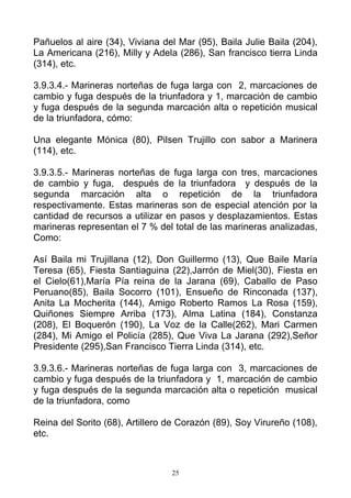 Pañuelos al aire (34), Viviana del Mar (95), Baila Julie Baila (204),
La Americana (216), Milly y Adela (286), San francisco tierra Linda
(314), etc.

3.9.3.4.- Marineras norteñas de fuga larga con 2, marcaciones de
cambio y fuga después de la triunfadora y 1, marcación de cambio
y fuga después de la segunda marcación alta o repetición musical
de la triunfadora, cómo:

Una elegante Mónica (80), Pilsen Trujillo con sabor a Marinera
(114), etc.

3.9.3.5.- Marineras norteñas de fuga larga con tres, marcaciones
de cambio y fuga, después de la triunfadora y después de la
segunda marcación alta o repetición de la triunfadora
respectivamente. Estas marineras son de especial atención por la
cantidad de recursos a utilizar en pasos y desplazamientos. Estas
marineras representan el 7 % del total de las marineras analizadas,
Como:

Así Baila mi Trujillana (12), Don Guillermo (13), Que Baile María
Teresa (65), Fiesta Santiaguina (22),Jarrón de Miel(30), Fiesta en
el Cielo(61),María Pía reina de la Jarana (69), Caballo de Paso
Peruano(85), Baila Socorro (101), Ensueño de Rinconada (137),
Anita La Mocherita (144), Amigo Roberto Ramos La Rosa (159),
Quiñones Siempre Arriba (173), Alma Latina (184), Constanza
(208), El Boquerón (190), La Voz de la Calle(262), Mari Carmen
(284), Mi Amigo el Policía (285), Que Viva La Jarana (292),Señor
Presidente (295),San Francisco Tierra Linda (314), etc.

3.9.3.6.- Marineras norteñas de fuga larga con 3, marcaciones de
cambio y fuga después de la triunfadora y 1, marcación de cambio
y fuga después de la segunda marcación alta o repetición musical
de la triunfadora, como

Reina del Sorito (68), Artillero de Corazón (89), Soy Virureño (108),
etc.



                                 25
 