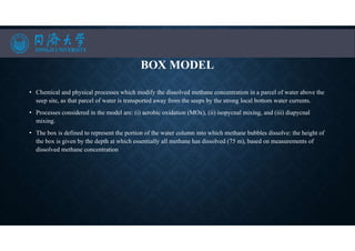 BOX MODEL
• Chemical and physical processes which modify the dissolved methane concentration in a parcel of water above the
seep site, as that parcel of water is transported away from the seeps by the strong local bottom water currents.
• Processes considered in the model are: (i) aerobic oxidation (MOx), (ii) isopycnal mixing, and (iii) diapycnal
mixing.
• The box is defined to represent the portion of the water column into which methane bubbles dissolve: the height of
the box is given by the depth at which essentially all methane has dissolved (75 m), based on measurements of
dissolved methane concentration
 