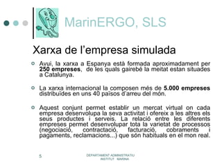 MarinERGO, SLS Avui, la xarxa a Espanya està formada aproximadament per  250 empreses ,  de les quals gairebé la meitat estan situades a Catalunya.   La xarxa internacional la composen més de  5.000 empreses  distribuïdes en uns 40 països d’arreu del món. Aquest conjunt permet establir un mercat virtual on cada empresa desenvolupa la seva activitat i ofereix a les altres els seus productes i serveis. La relació entre les diferents empreses permet desenvolupar tota la varietat de processos (negociació, contractació, facturació, cobraments i pagaments, reclamacions...) que són habituals en el mon real.   DEPARTAMENT ADMINISTRATIU  INSTITUT  MARINA Xarxa de l’empresa simulada 