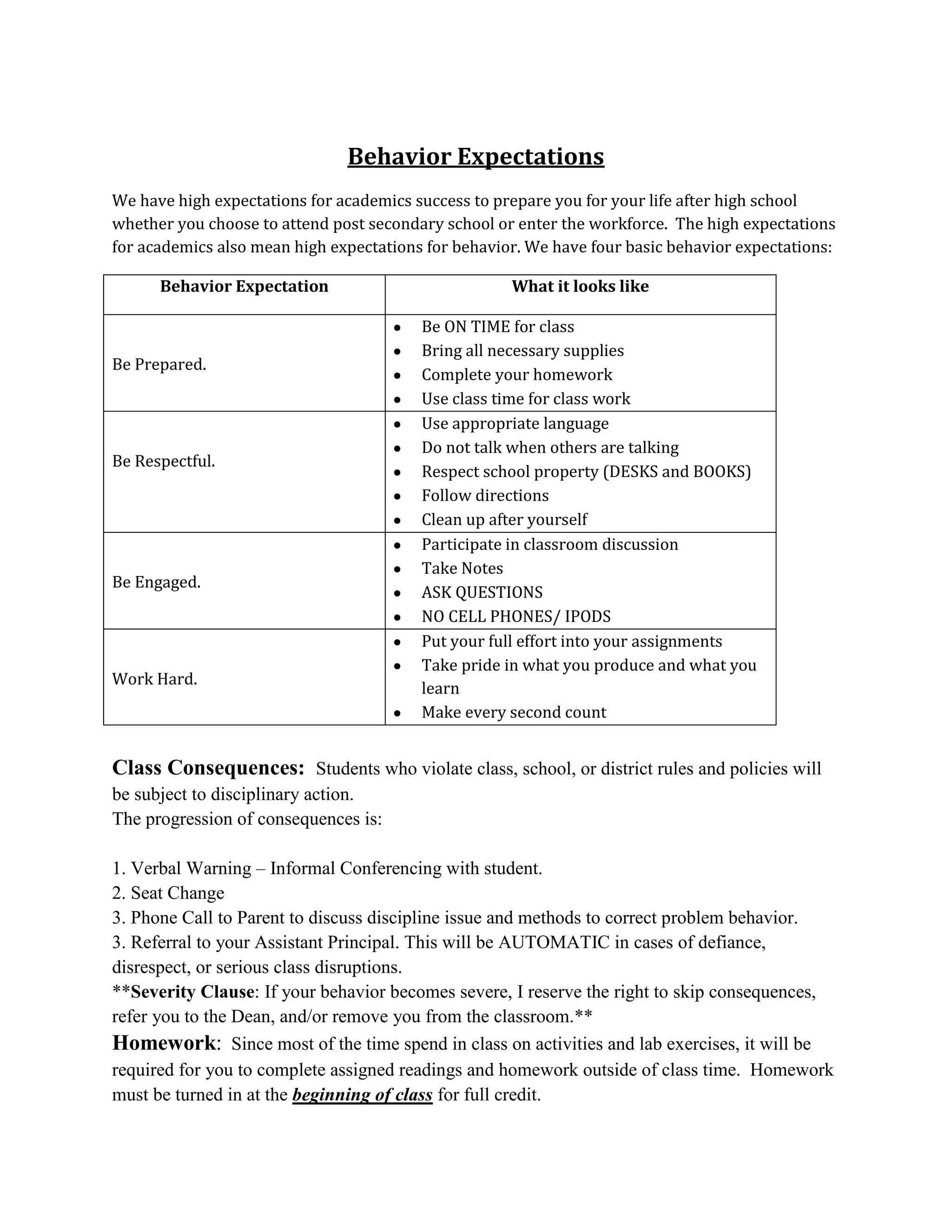 Behavior Expectations
We have high expectations for academics success to prepare you for your life after high school
whether you choose to attend post secondary school or enter the workforce. The high expectations
for academics also mean high expectations for behavior. We have four basic behavior expectations:

      Behavior Expectation                           What it looks like

                                         Be ON TIME for class
                                         Bring all necessary supplies
Be Prepared.
                                         Complete your homework
                                         Use class time for class work
                                         Use appropriate language
                                         Do not talk when others are talking
Be Respectful.
                                         Respect school property (DESKS and BOOKS)
                                         Follow directions
                                         Clean up after yourself
                                         Participate in classroom discussion
                                         Take Notes
Be Engaged.
                                         ASK QUESTIONS
                                         NO CELL PHONES/ IPODS
                                         Put your full effort into your assignments
                                         Take pride in what you produce and what you
Work Hard.
                                         learn
                                         Make every second count


Class Consequences: Students who violate class, school, or district rules and policies will
be subject to disciplinary action.
The progression of consequences is:

1. Verbal Warning – Informal Conferencing with student.
2. Seat Change
3. Phone Call to Parent to discuss discipline issue and methods to correct problem behavior.
3. Referral to your Assistant Principal. This will be AUTOMATIC in cases of defiance,
disrespect, or serious class disruptions.
**Severity Clause: If your behavior becomes severe, I reserve the right to skip consequences,
refer you to the Dean, and/or remove you from the classroom.**
Homework: Since most of the time spend in class on activities and lab exercises, it will be
required for you to complete assigned readings and homework outside of class time. Homework
must be turned in at the beginning of class for full credit.
 
