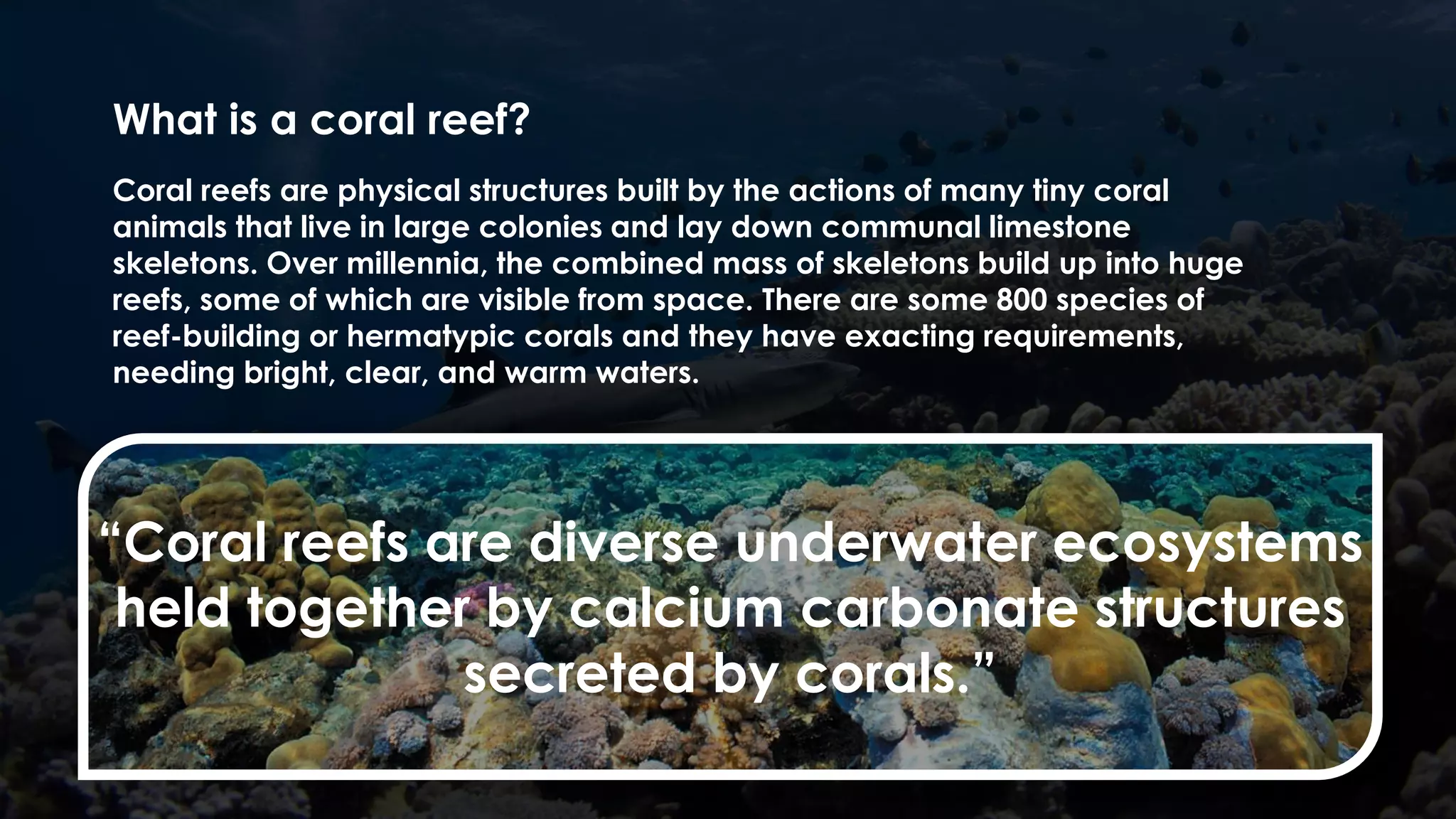 Coral reefs are physical structures built by the actions of many tiny coral
animals that live in large colonies and lay down communal limestone
skeletons. Over millennia, the combined mass of skeletons build up into huge
reefs, some of which are visible from space. There are some 800 species of
reef-building or hermatypic corals and they have exacting requirements,
needing bright, clear, and warm waters.
What is a coral reef?
“Coral reefs are diverse underwater ecosystems
held together by calcium carbonate structures
secreted by corals.”
 