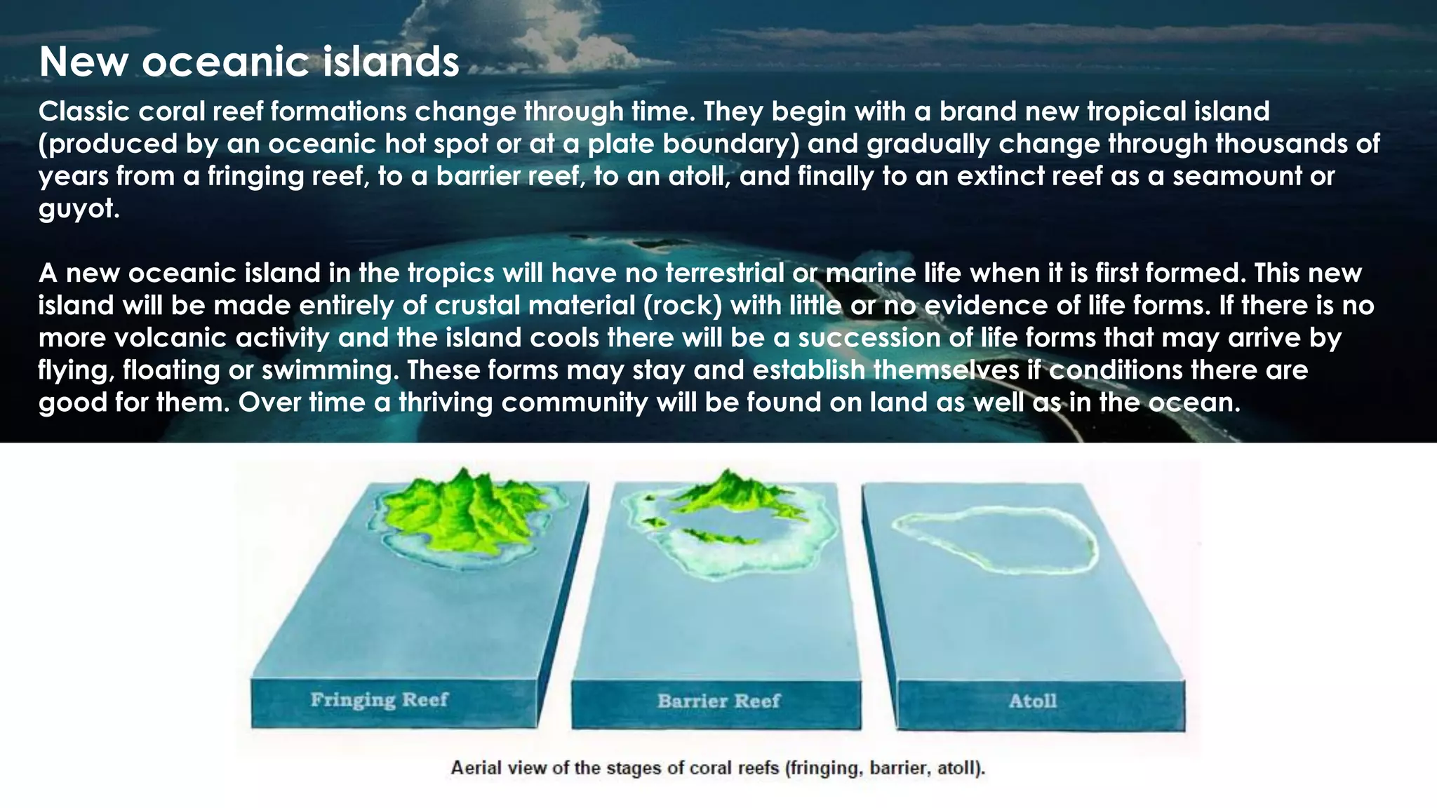 New oceanic islands
Classic coral reef formations change through time. They begin with a brand new tropical island
(produced by an oceanic hot spot or at a plate boundary) and gradually change through thousands of
years from a fringing reef, to a barrier reef, to an atoll, and finally to an extinct reef as a seamount or
guyot.
A new oceanic island in the tropics will have no terrestrial or marine life when it is first formed. This new
island will be made entirely of crustal material (rock) with little or no evidence of life forms. If there is no
more volcanic activity and the island cools there will be a succession of life forms that may arrive by
flying, floating or swimming. These forms may stay and establish themselves if conditions there are
good for them. Over time a thriving community will be found on land as well as in the ocean.
 