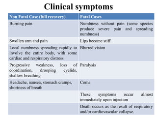 Clinical symptoms
Non Fatal Case (full recovery) Fatal Cases
Burning pain Numbness without pain (some species
produce severe pain and spreading
numbness)
Swollen arm and pain Lips become stiff
Local numbness spreading rapidly to
involve the entire body, with some
cardiac and respiratory distress
Blurred vision
Progressive weakness, loss of
coordination, drooping eyelids,
shallow breathing
Paralysis
Headache, nausea, stomach cramps,
shortness of breath
Coma
These symptoms occur almost
immediately upon injection
Death occurs as the result of respiratory
and/or cardiovascular collapse.
 