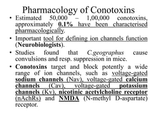 Pharmacology of Conotoxins
• Estimated 50,000 – 1,00,000 conotoxins,
approximately 0.1% have been characterised
pharmacologically.
• Important tool for defining ion channels function
(Neurobiologists).
• Studies found that C.geographus cause
convulsions and resp. suppression in mice.
• Conotoxins target and block potently a wide
range of ion channels, such as voltage-gated
sodium channels (Nav), voltage-gated calcium
channels (Cav), voltage-gated potassium
channels (Kv), nicotinic acetylcholine receptor
(nAchRs) and NMDA (N-methyl D-aspartate)
receptor.
 