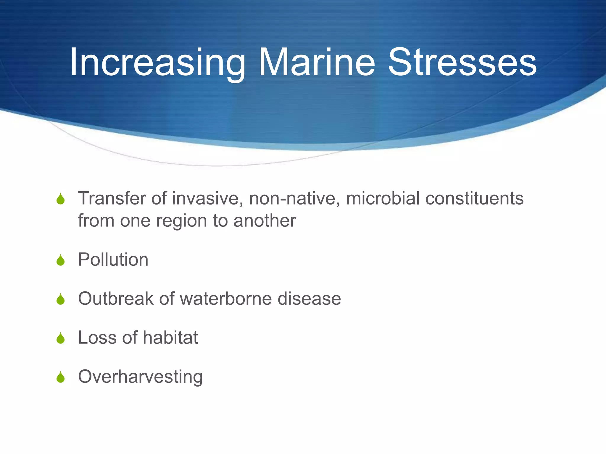Increasing Marine StressesTransfer of invasive, non-native, microbial constituents from one region to anotherPollutionOutbreak of waterborne diseaseLoss of habitatOverharvesting