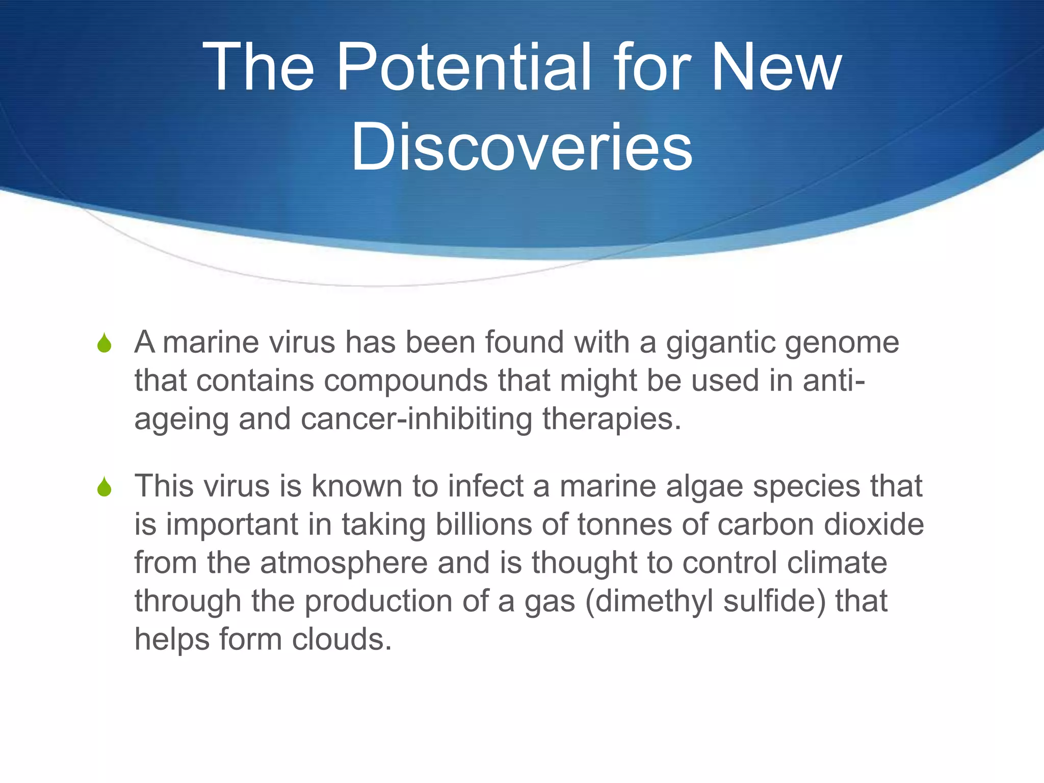The Potential for New DiscoveriesA marine virus has been found with a gigantic genome that contains compounds that might be used in anti-ageing and cancer-inhibiting therapies.This virus is known to infect a marine algae species that is important in taking billions of tonnes of carbon dioxide from the atmosphere and is thought to control climate through the production of a gas (dimethyl sulfide) that helps form clouds.
