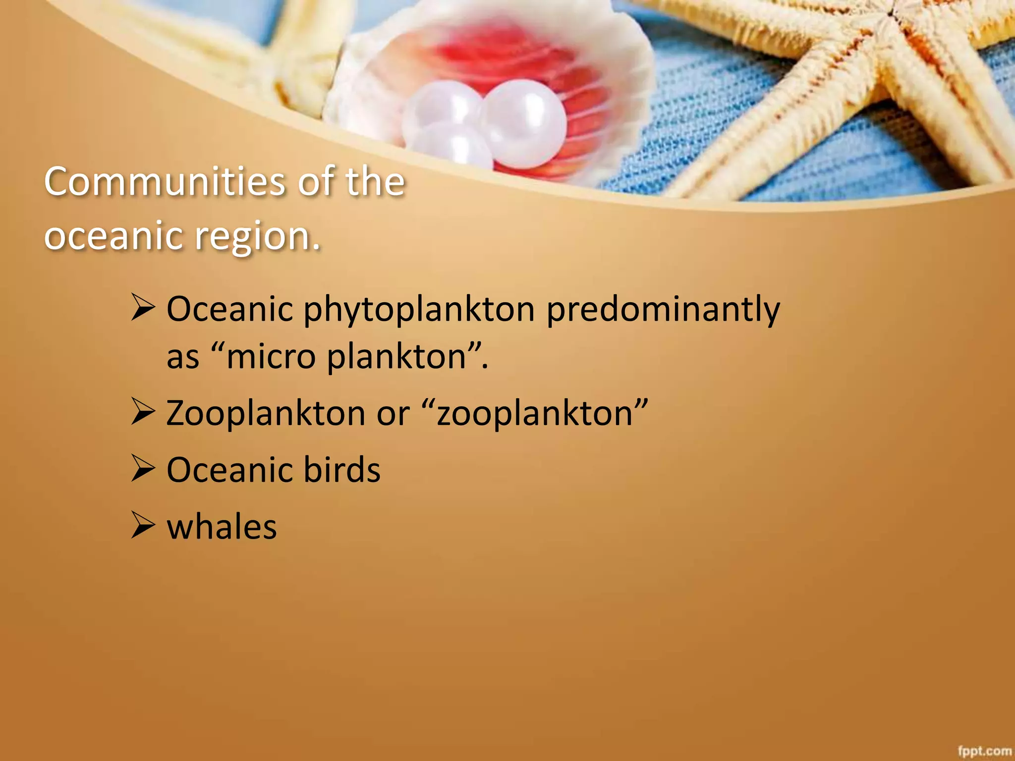 Communities of the
oceanic region.
 Oceanic phytoplankton predominantly
as “micro plankton”.
 Zooplankton or “zooplankton”
 Oceanic birds
 whales
 