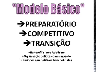 PREPARATÓRIO
COMPETITIVO
TRANSIÇÃO
•Halterofilismo e Atletismo
•Organização política como respaldo
•Períodos competitivos bem definidos
 