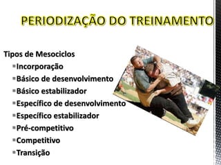 Tipos de Mesociclos
Incorporação
Básico de desenvolvimento
Básico estabilizador
Específico de desenvolvimento
Específico estabilizador
Pré-competitivo
Competitivo
Transição
 