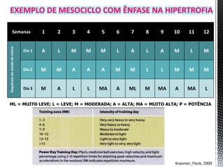 Semanas 1 2 3 4 5 6 7 8 9 10 11 12
Sequência
da
sessão
de
treino
Dia 1 A L M M M L A L A M L M
Dia 2 M M A A A M M L L M M M
Dia 3 M A L L MA A ML M MA A MA L
ML = MUITO LEVE; L = LEVE; M = MODERADA; A = ALTA; MA = MUITO ALTA; P = POTÊNCIA
Kraemer; Fleck, 2009
EXEMPLO DE MESOCICLO COM ÊNFASE NA HIPERTROFIA
 