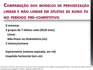 8 semanas
2 grupos de 7 atletas cada (26±8 anos)
Linear
Não-linear ou Ondulatória (sic)
2 treinos/semana
Espirometria (volume expirado, em ml)
Impulsão horizontal (em cm)
 