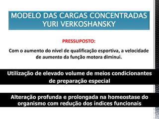MODELO DAS CARGAS CONCENTRADAS
YURI VERKOSHANSKY
PRESSUPOSTO:
Com o aumento do nível de qualificação esportiva, a velocidade
de aumento da função motora diminui.
Utilização de elevado volume de meios condicionantes
de preparação especial
Alteração profunda e prolongada na homeostase do
organismo com redução dos índices funcionais
 