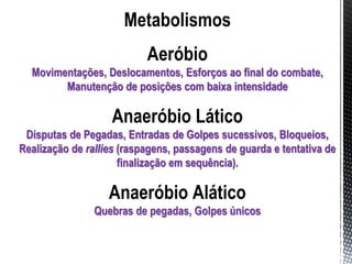 Metabolismos
Aeróbio
Movimentações, Deslocamentos, Esforços ao final do combate,
Manutenção de posições com baixa intensidade
Anaeróbio Lático
Disputas de Pegadas, Entradas de Golpes sucessivos, Bloqueios,
Realização de rallies (raspagens, passagens de guarda e tentativa de
finalização em sequência).
Anaeróbio Alático
Quebras de pegadas, Golpes únicos
 