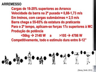 ARREMESSO
Cargas de 18-20% superiores ao Arranco
Velocidade da barra na 2ª puxada = 0,88-1,73 m/s
Em treinos, com cargas submáximas = 2,5 m/s
Barra chega a 55-65% da estatura do praticante
Para o 2º tempo, aplicam-se forças 17x superiores à MC
Produção de potência
<56kg  2140 W a >105  4786 W
Competitivamente, todo e estímulo dura entre 8-12”
(Storey; Smith, 2012)
 