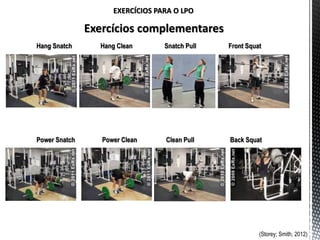 EXERCÍCIOS PARA O LPO
Exercícios complementares
Hang Snatch Hang Clean Snatch Pull Front Squat
Power Snatch Power Clean Clean Pull Back Squat
(Storey; Smith, 2012)
 