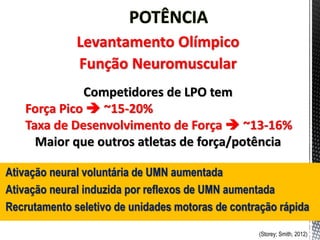 Levantamento Olímpico
Função Neuromuscular
Competidores de LPO tem
Força Pico  ~15-20%
Taxa de Desenvolvimento de Força  ~13-16%
Maior que outros atletas de força/potência
Ativação neural voluntária de UMN aumentada
Ativação neural induzida por reflexos de UMN aumentada
Recrutamento seletivo de unidades motoras de contração rápida
(Storey; Smith, 2012)
 
