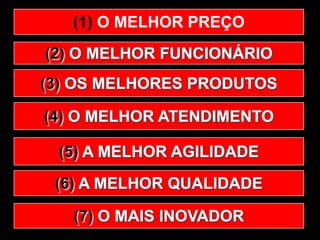 (1) O MELHOR PREÇO 
(2) O MELHOR FUNCIONÁRIO 
(3) OS MELHORES PRODUTOS 
(4) O MELHOR ATENDIMENTO 
(5) A MELHOR AGILIDADE 
(6) A MELHOR QUALIDADE 
(7) O MAIS INOVADOR 
 