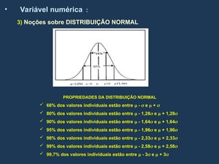• Variável numérica :
3) Noções sobre DISTRIBUIÇÃO NORMAL
PROPRIEDADES DA DISTRIBUIÇÃO NORMAL
 68% dos valores individuais estão entre  -  e  + 
 80% dos valores individuais estão entre  - 1,28 e  + 1,28
 90% dos valores individuais estão entre  - 1,64 e  + 1,64
 95% dos valores individuais estão entre  - 1,96 e  + 1,96
 98% dos valores individuais estão entre  - 2,33 e  + 2,33
 99% dos valores individuais estão entre  - 2,58 e  + 2,58
 99,7% dos valores individuais estão entre  - 3 e  + 3
 